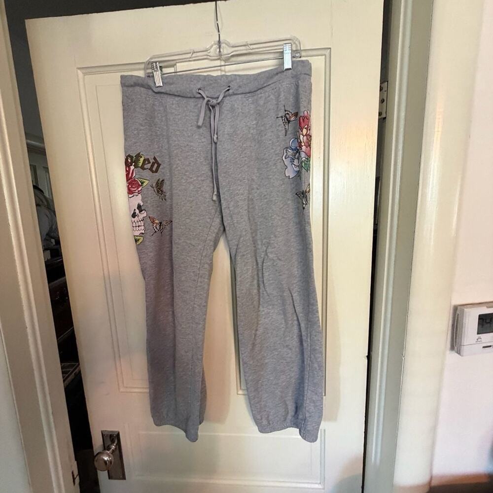 Max Rave Gray Skull Floral Butterfly Graphic Sweatpants Size XL